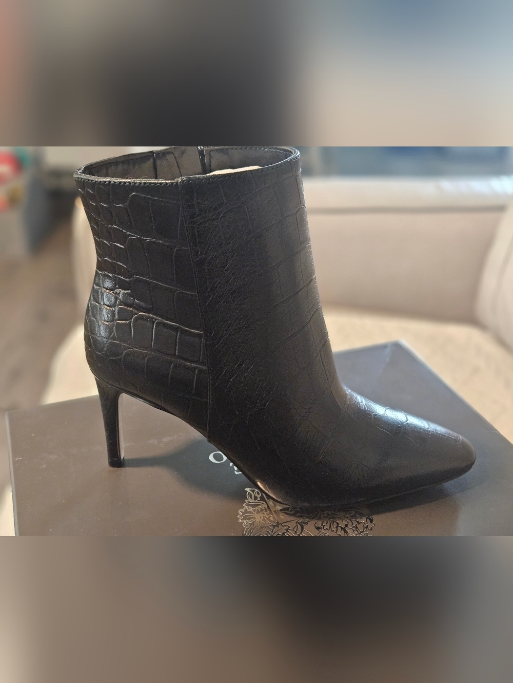 Vince Camuto Black Croc-Embossed Pointed Ankle Boot